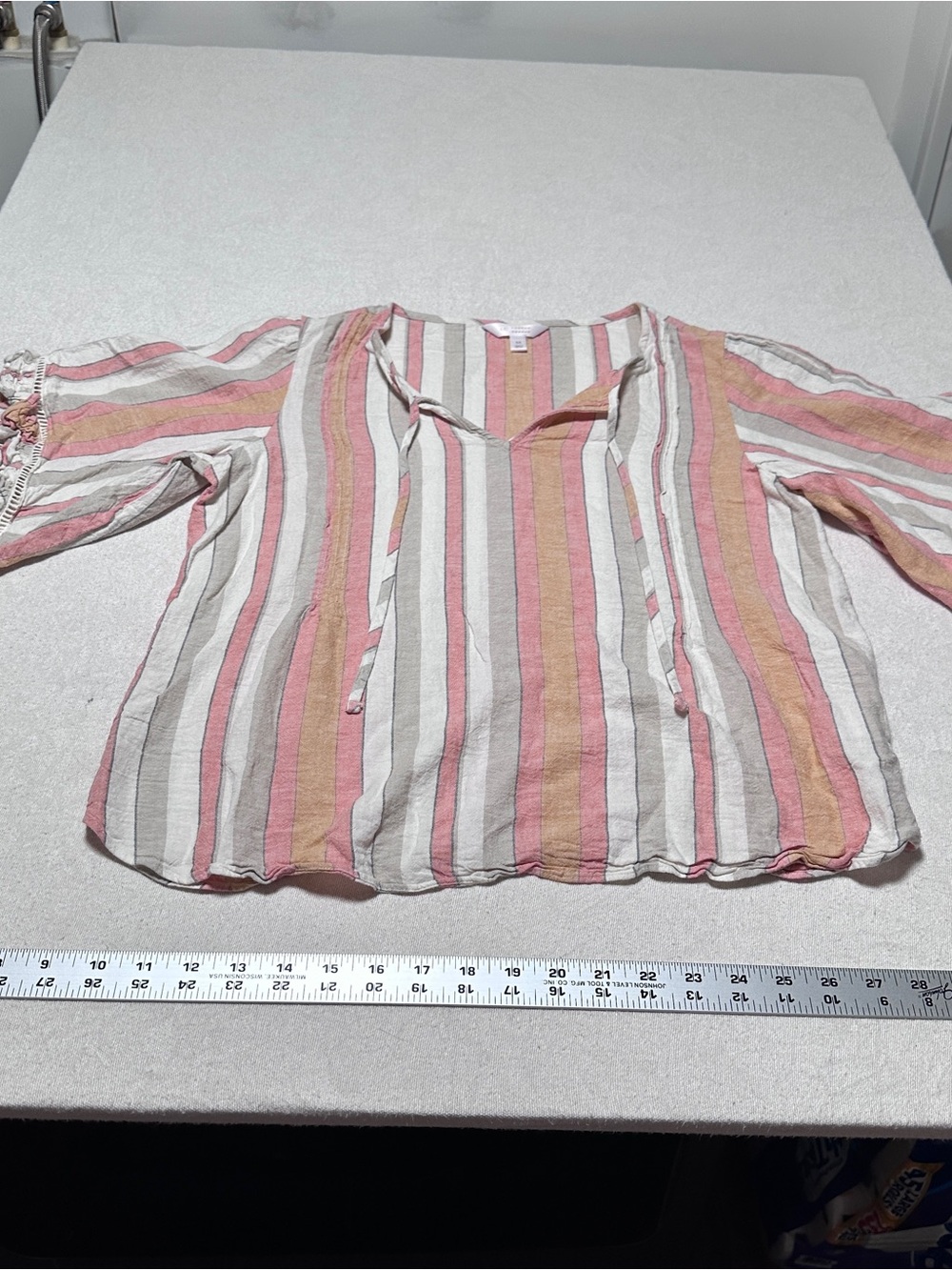 LC Lauren Conrad Pink Cream Tan Striped Tie-Neck Top